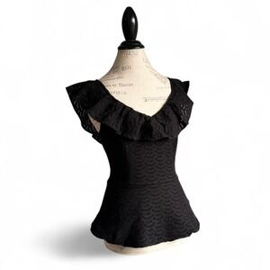 White House Black Market Black Eyelet Lace Peplum Top Off Shoulder Ruffle Sz 2